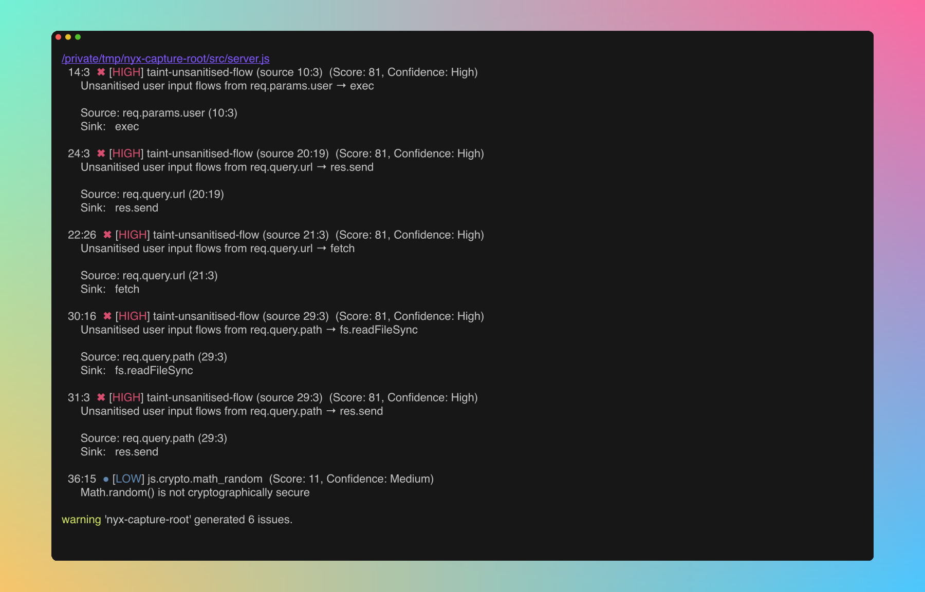 nyx scan output: HIGH taint flows from req.params.user, req.query.url, and req.query.path into exec/fetch/fs.readFileSync, framed by the brand mint-cyan gradient